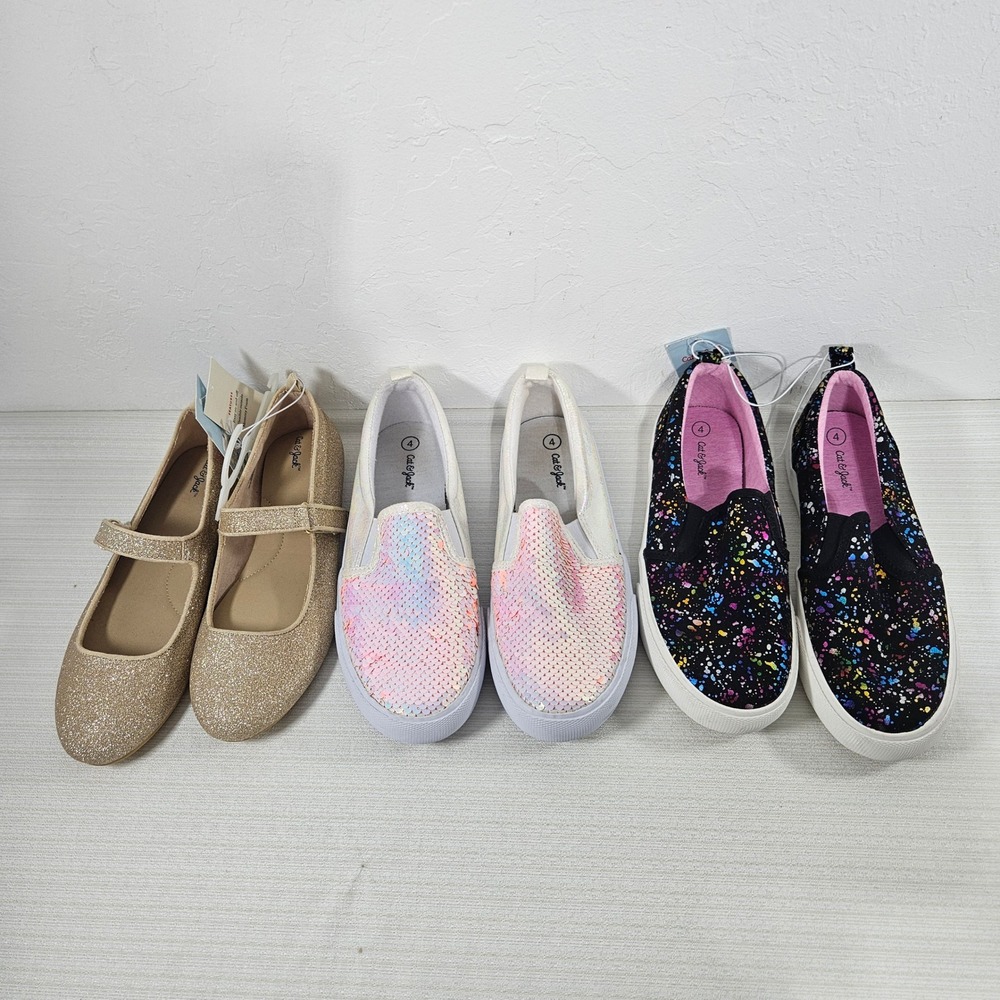 Lot of 3 Kids Shoes Black Splatter White sequin Sneakers Gold ballet flat Size 4